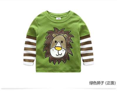 Children Cotton Striped Colour Patchwork Cartoon Animal Baby Boys Long Sleeve T-Shirts
