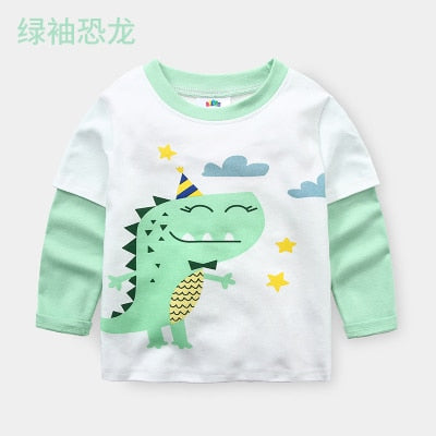 Children Cotton Striped Colour Patchwork Cartoon Animal Baby Boys Long Sleeve T-Shirts