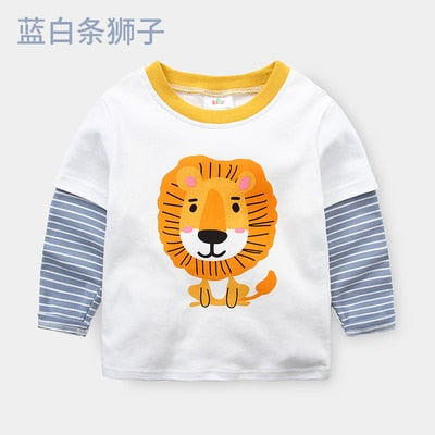 Children Cotton Striped Colour Patchwork Cartoon Animal Baby Boys Long Sleeve T-Shirts