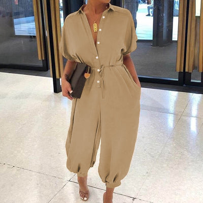 Vintage V-Neck Pocket Cotton Romper Jumpsuits