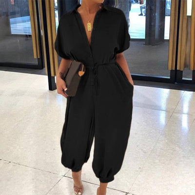 Vintage V-Neck Pocket Cotton Romper Jumpsuits