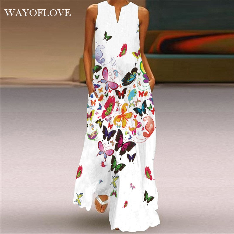 Butterfly Printed Breathable Long Sleeveless Maxi Dress Women