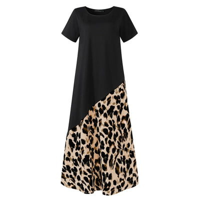 Leopard Printed Maxi Dress Fashion Women's Short Sleeve Patchwork Dress