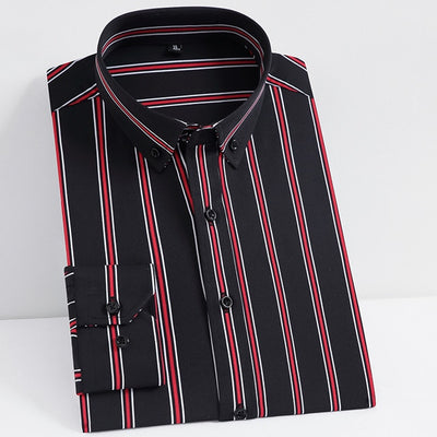 Men's Fashion Non-iron Stretch Soft Casual Striped Shirts Pocket-less Design Long Sleeve Standard-fit Youthful Button-down Shirt